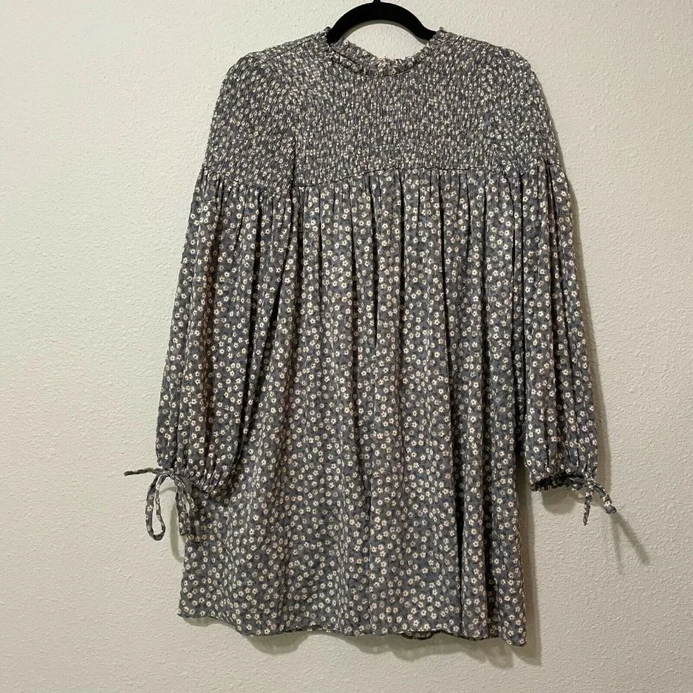Zara Gray Ditsy Floral Prairie Puff Sleeve Smocked Mini Dress Size Small